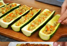 Stuffed Zucchini Boats with Mushrooms, Pear, and Cheese