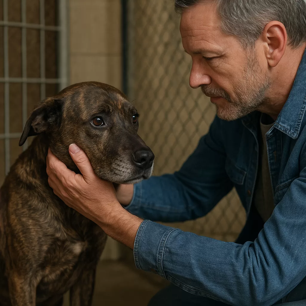 Man gently comforts a sad dog inside an animal shelter, symbolizing hope in shelter dog adoption.