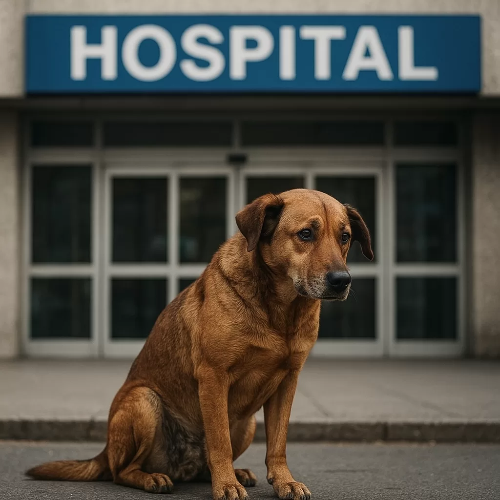 Brown dog sitting patiently outside hospital entrance, symbolizing loyalty and waiting for 3 years.