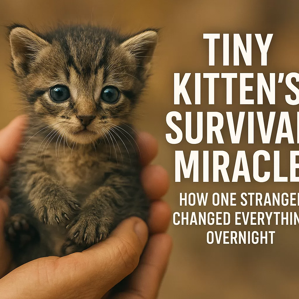 Tiny kitten gently held in hands, symbolizing a miraculous survival and a stranger’s life-changing kindness.