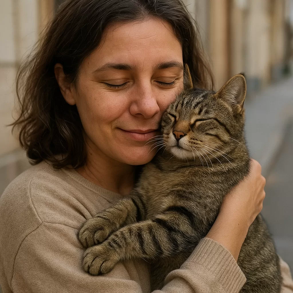 Woman hugging a content tabby cat outdoors, showing a sign the cat trusts its owner.