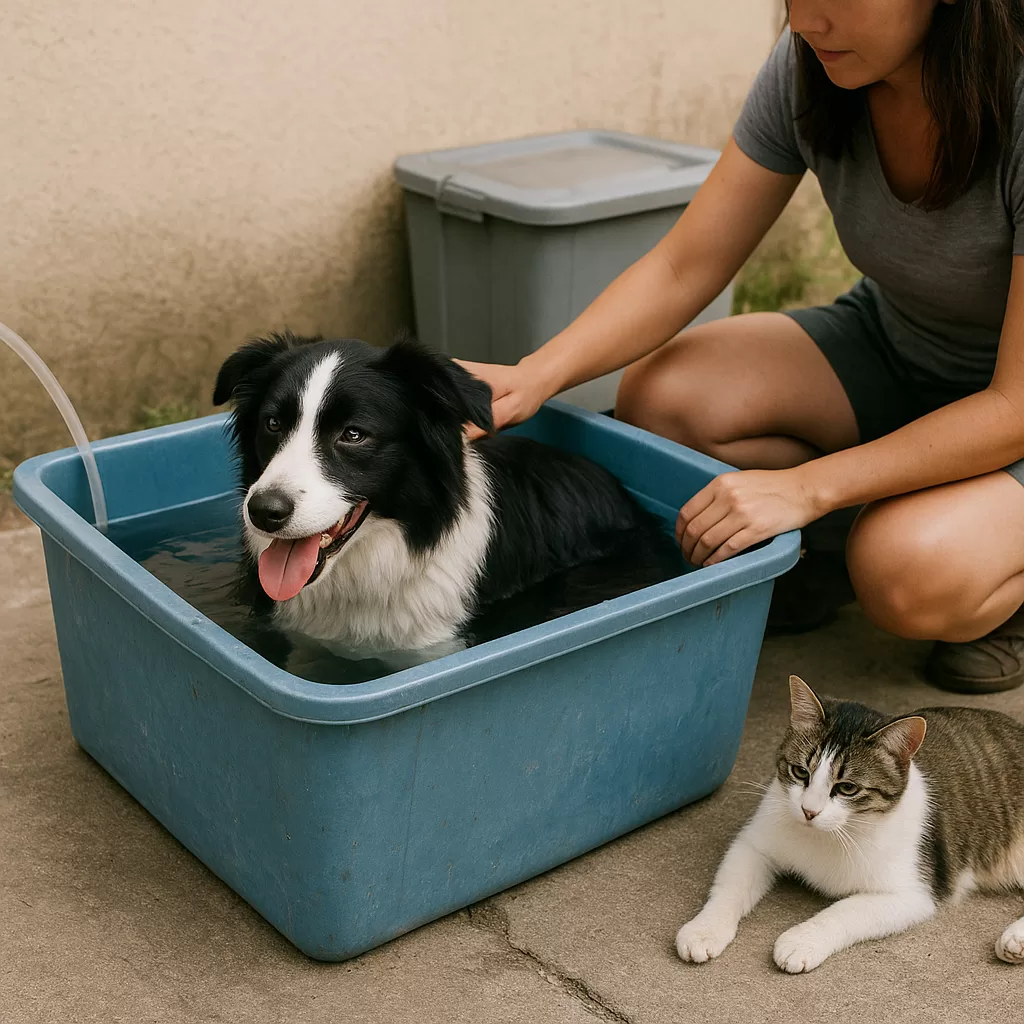 Woman bathing a black and white dog in a blue tub outdoors while a cat watches nearby.