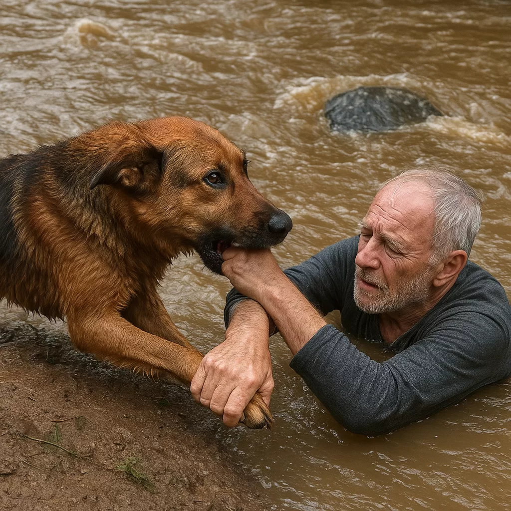 Elderly man pulls loyal dog from rushing river floodwaters during heroic rescue.