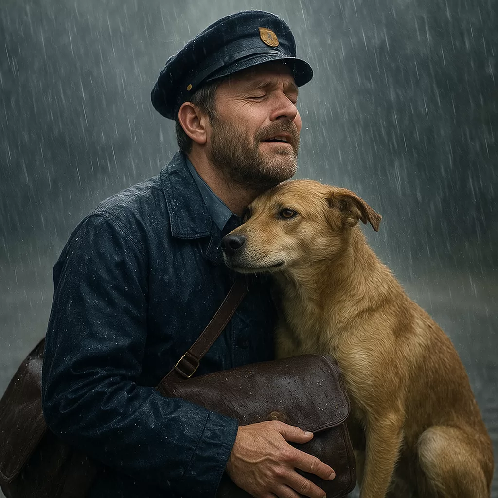 Postman in uniform warmly embraces a stray dog in the rain, showcasing their strong bond and friendship.