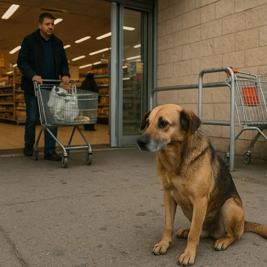 Stray dog sitting patiently outside a supermarket as a man pushes a shopping cart nearby, symbolizing hope and change.