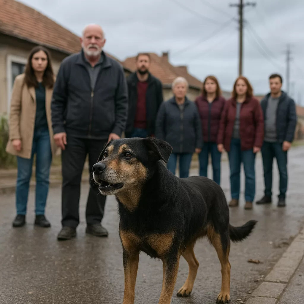 Black and brown stray dog stands alert on street with serious people behind, warning community before storm.
